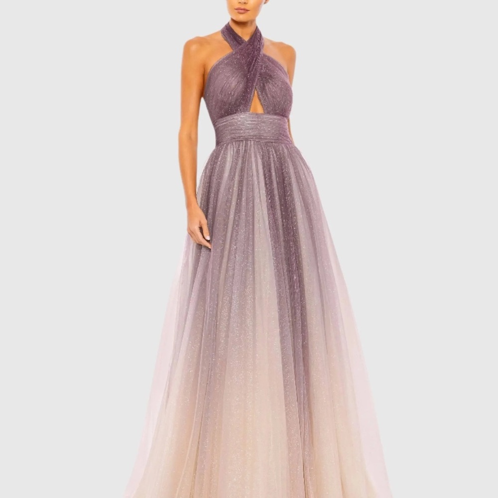 NWT Mac Duggal Multicolor Glitter Ombre Halter Neck Ballgown